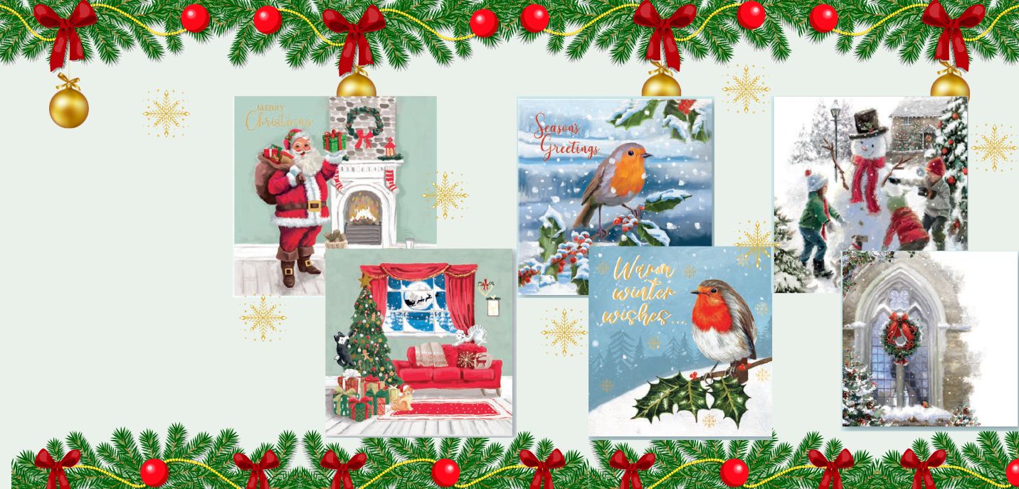 Image shows the front cover of six different Christmas Cards