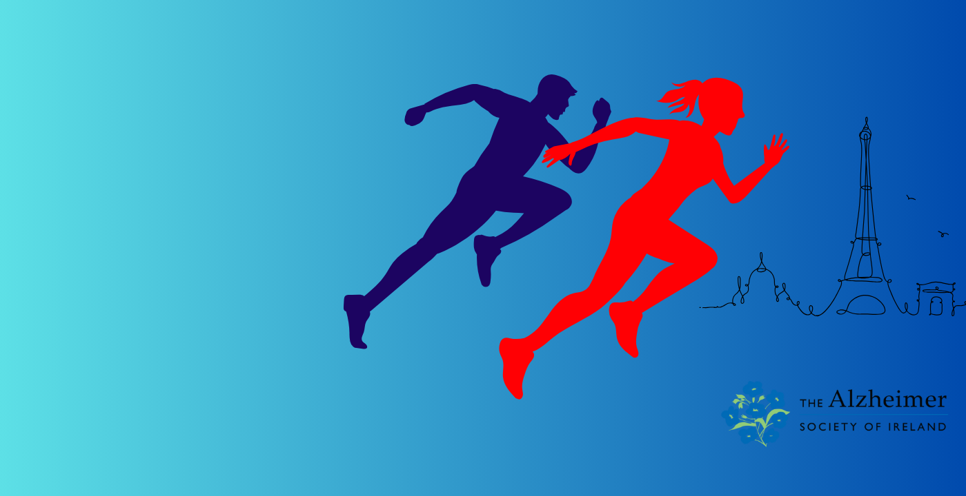 Image features illustration of Paris skyline and graphic of runners