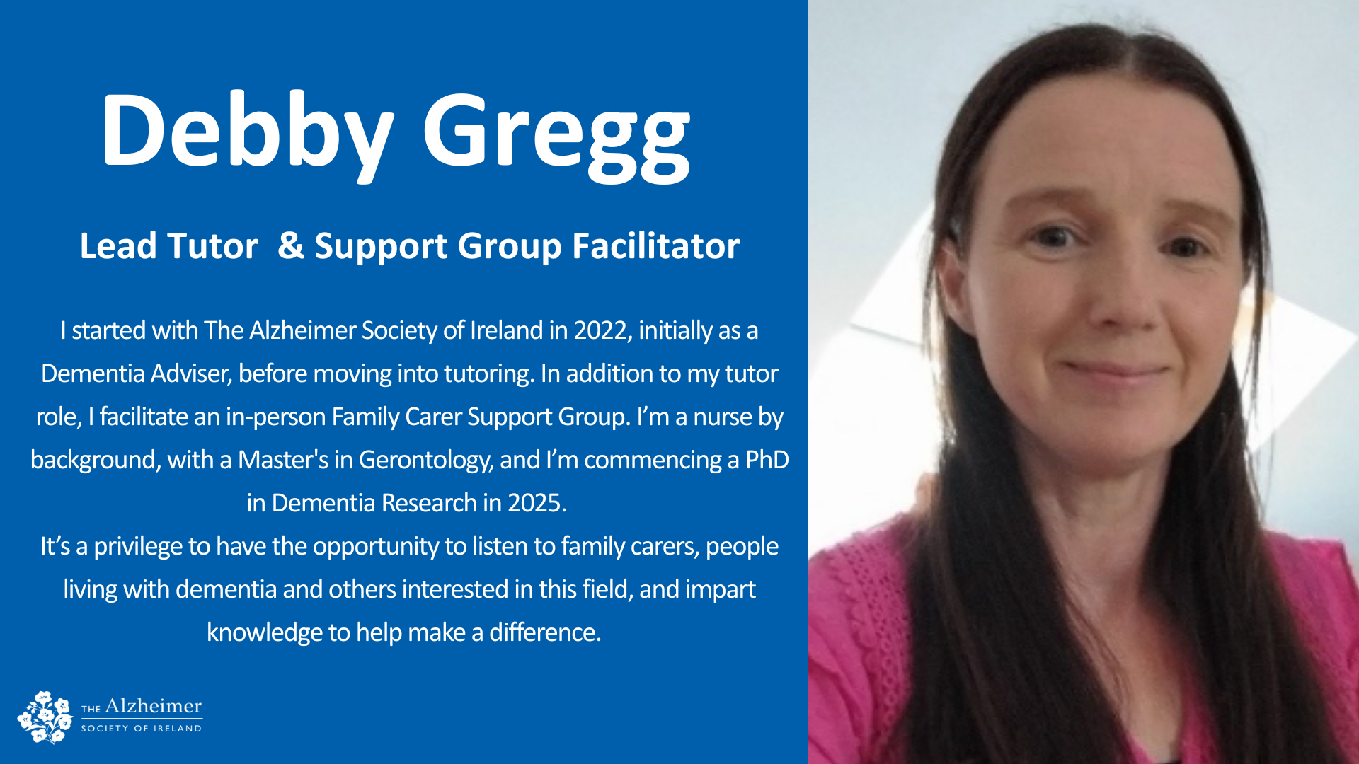 A slide of Sligo-based tutor Debby Gregg smiling with the quote 