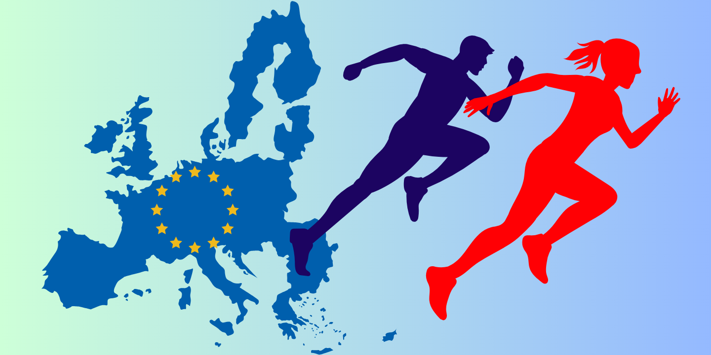 Map of Europe alongside silhouette of two runners